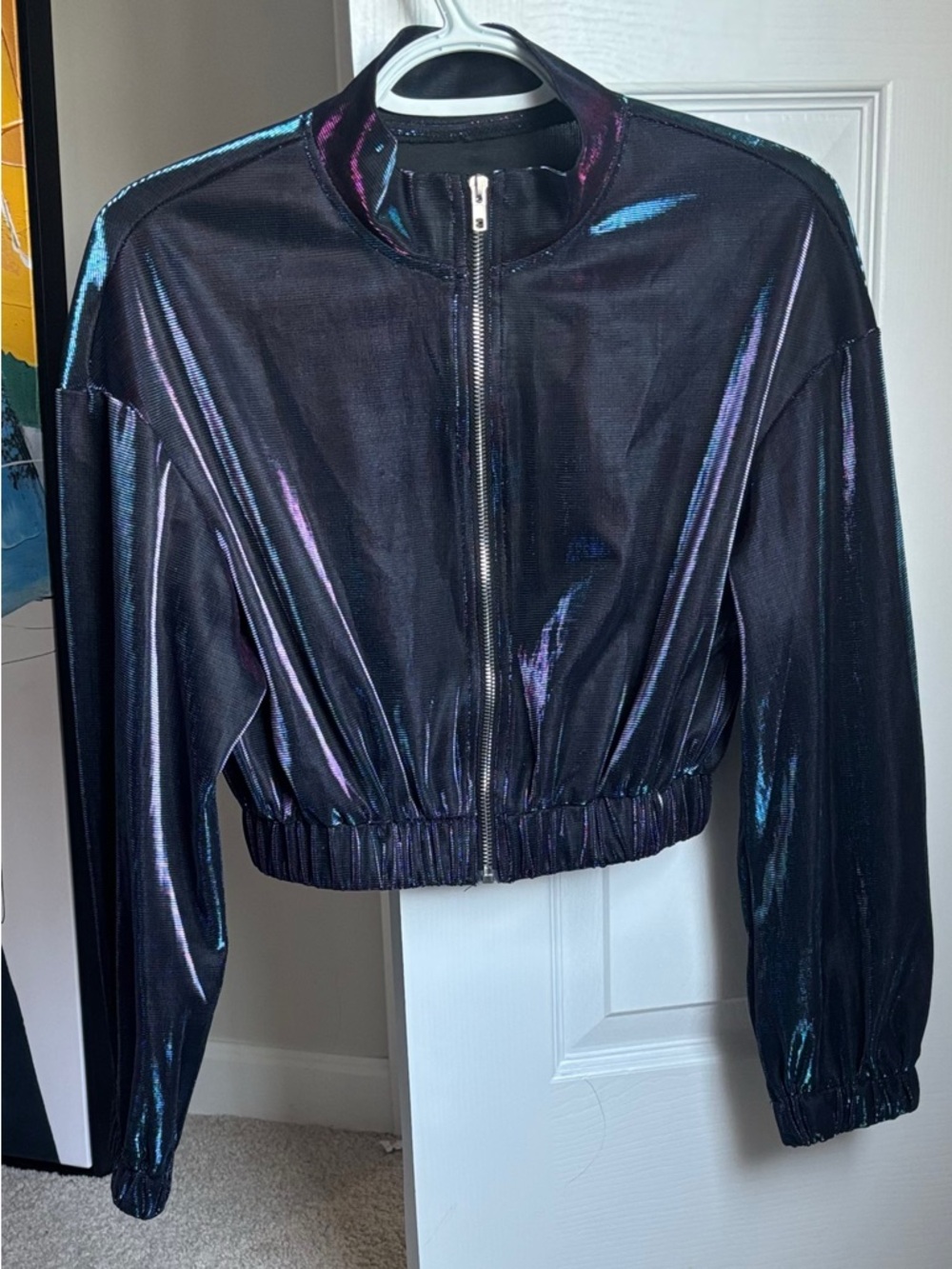 Women’s Iridescent Black Bomber Jacket - Shiny Zip Front